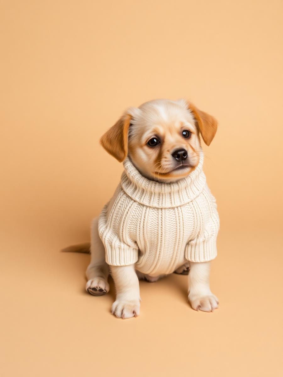 Puppy wearing a cream knit sweater on a warm backdrop