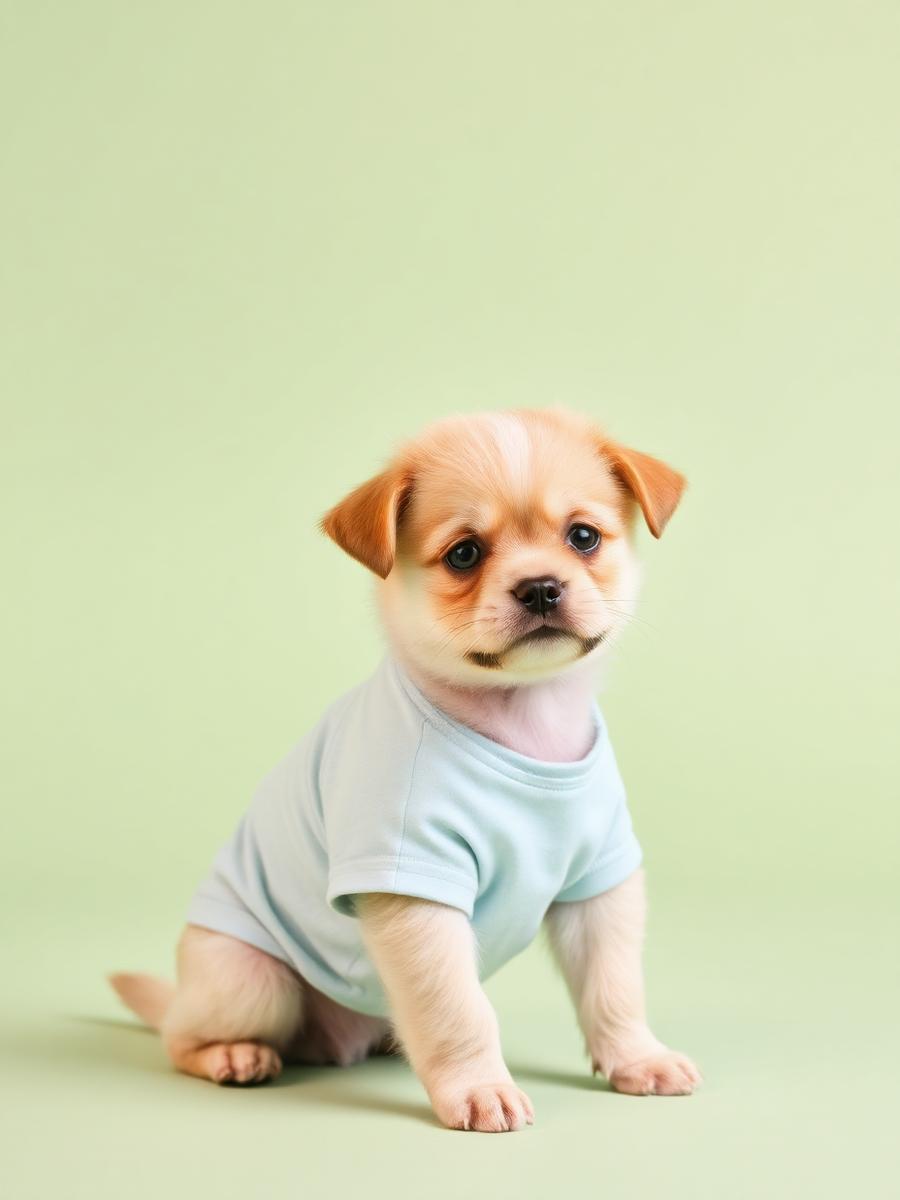 Puppy wearing a soft baby blue tee on a sage backdrop