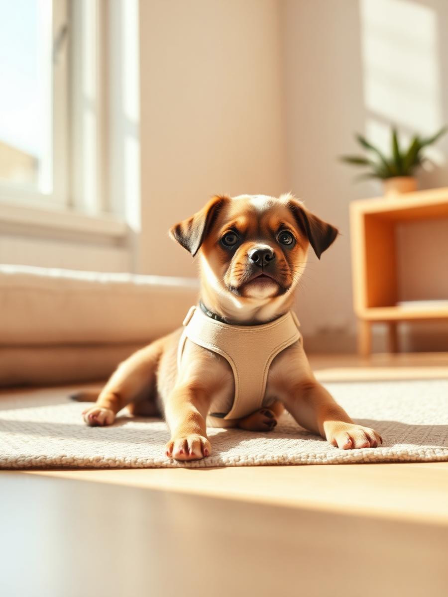 Puppy lying on a rug in a cream everyday harness