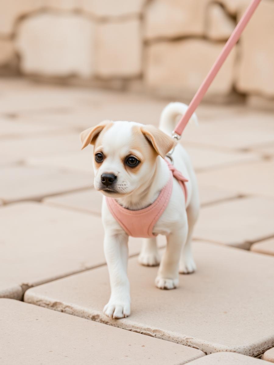 Blush leash clipped to a puppy harness outdoors