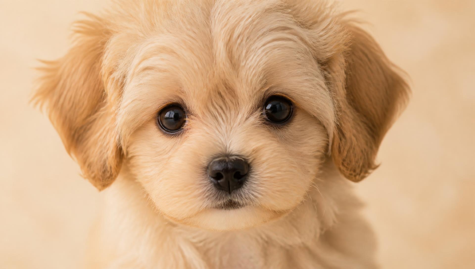 Close-up portrait of a tiny puppy looking into the camera