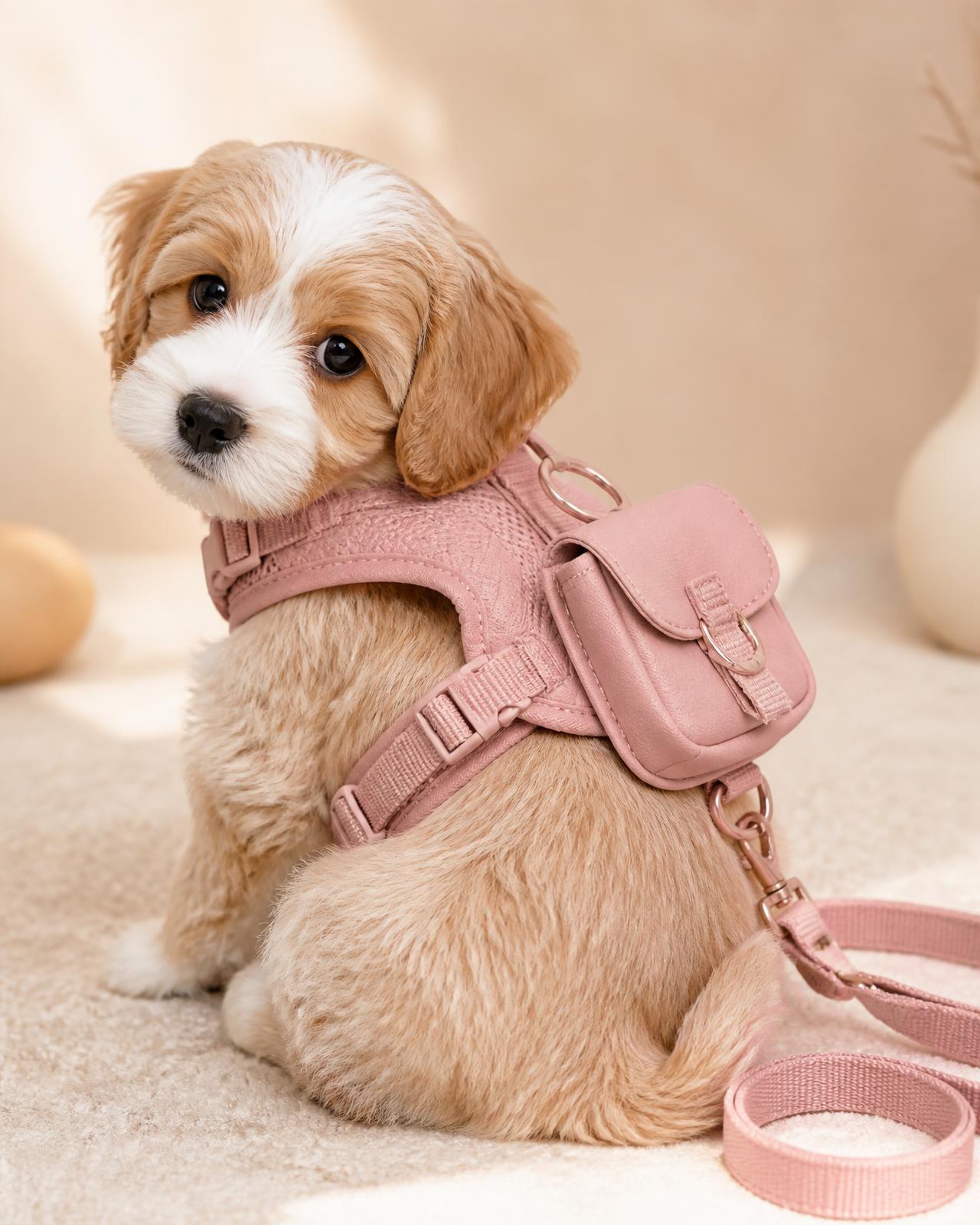 Small puppy wearing the blush Little Adventure backpack harness with matching leash
